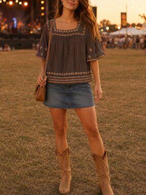 Lucky Brand Bohemian Embroidered Square Neck Brown Top